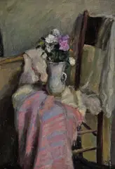 Still life of flowers in a porcelain vase on a chair Signed and dated 25 by Duncan Grant, Oil on panel, sold Jun 2018
