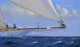 On the bow sprit, taking in the jib Signed Oil on canvas 25 x 40.5cm by Bryan J. Jones, Oil on canvas, sold Jun 2018