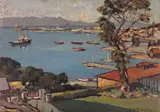View over a harbour Signed Oil on canvasboard by George William Pilkington, Oil on canvasboard, unframed, sold Jun 2018