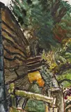 Behind the barn Signed and titled verso Oil on board 38 x 25cm Provenance: Mr & Mrs V by Carel Weight, Oil on board, sold Jun 2018