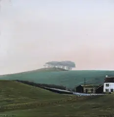 Wood on a Hill Signed and titled Oil on canvas 30 x 30cm by Peter Brook, Wood on a Hill, sold Jun 2018