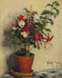 Still life of fuchsia in a pot Signed and dated 1929 Oil by Josef Korb, 1929, Oil on panel, sold Jun 2018