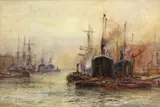 Morning Blackwall Reach, London Signed and titled Watercolour 33 x 50cm ++Some fading and discolouration to paper, sone or two minor blemishes by Frederick William Scarborough, Watercolour, sold Jun 2018