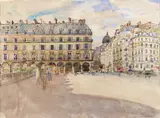 Rue de Rivoli, Paris Signed, dated 1977 and inscribed Paris Pen, sepia ink and watercolour 28 x 38cm Provenance: J by John Stanton Ward, 1977, Pen, sepia ink and watercolour, sold Jun 2018