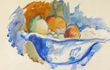 Still life of fruit in a blue bowl by Matthew Smith, watercolour, sold Jun 2018
