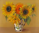Sunflowers Signed and dated 85 Gouache and watercolour on buff paper 43 x 54cm With another by the same hand of a dog with a blue ball (2) by William Henderson, Gouache and watercolour on buff paper, sold Jun 2018