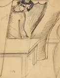 A lady by a table Signed Pen by Alfréd Réth, Pen, ink and pencil on buff paper, sold Jun 2018