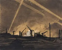 Air raid at Dunkirk; Sept 17th, The Chamber of Commerce burning, 1917 Titled under mount Pen by Ernest Procter, Pen, ink, pencil and wash, sold Jun 2018