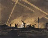Air raid at Dunkirk; Sept 17th, The Chamber of Commerce burning, 1917 Titled under mount Pen by Ernest Procter, Pen, ink, pencil and wash, sold Jun 2018