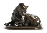 A 19th century bronze model of a recumbent small dog, wearing a collar by Paul Gayrard, bronze, sold Apr 2018