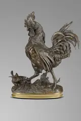 A large 19th century bronze group of a cockerel looking down at a sparrow, on a naturalistic base by Alphonse Alexandre Arson, bronze, sold Apr 2018