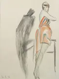 Girl in a Pink Dress charcoal and watercolour on paper, mounted annotated 16 X 26 43 x 32cm by Dorte Clara Dodo Burgner, charcoal and watercolour on paper, offered Mar 2018