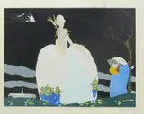 Lady with doves and attendant, a pochoir print on paper, framed signed in the print by Umberto Brunelleschi, print on paper, offered Mar 2018