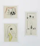 Fashion studies, couple at the theatre, three pen and ink design in common mount, unsigned 16.5 x 7.5cm by Dorte Clara Dodo Burgner, ink, sold Mar 2018
