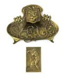 Leda & the Swan, a bronze plaque cast in low relief, and an Art Nouveau bronze inkwell signed in the cast lower left, 10 x 6cm by André Lavrillier, bronze, sold Mar 2018