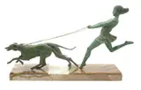 Woman with Hounds, a verdi gris patinated metal sculpture on stepped onyx base, scratched signature to base, 62cm by George Maxim, sculpture, sold Mar 2018