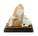 Lucinda & Kittens, a pottery bust on wooden base, glazed in colours paper label to base, 11cm by Daisy Borne, sculpture, offered Mar 2018