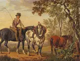 A farm boy with carthorses Signed (lower centre) Oil on panel 15 x 20cm; 6 x 8in Provenance: Recently removed from Gavelacre House, Longparish by Charles Towne, Oil on panel, sold Mar 2018