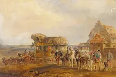 A mail coach before a farmstead by Charles Cooper Henderson, Oil on board, sold Mar 2018
