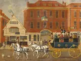 An early omnibus on Farnham High Street Signed and dated 1794 and inscribed by William Cave, 1794, Oil on canvas, sold Mar 2018