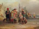 Fish seller with families on the beach Signed, also indistinctly dated 1824? Oil on board 17.5 x 23cm; 7 x 9in by J. Burton, 1824, Oil on board, offered Mar 2018