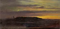 Sunset landscape with crescent moon Signed Oil on board 19 x 36cm; 7½ x 14in by Arthur Gilbert, Oil on board, sold Mar 2018