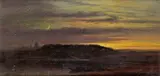 Sunset landscape with crescent moon Signed Oil on board 19 x 36cm; 7½ x 14in by Arthur Gilbert, Oil on board, sold Mar 2018