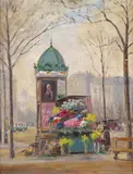 A flower stall, possibly Paris Signed Oil on board 35 x 27cm; 13¾ x 10½in by Edwin P. Corin, Oil on board, sold Mar 2018