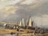 Coastal scene at low tide with numerous fishermen on a beach Signed and dated 1833 Oil on panel 31 x 46cm; 12 x 18in by Thomas Luny, 1833, Oil on panel, sold Mar 2018