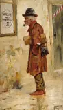 An Unlikely Customer Signed with initials Oil on board 14.5 x 8.5cm; 10¾ x 3¼in by Charles Spencelayh, Oil on board, sold Mar 2018