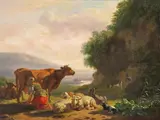 A milkmaid at dusk Oil on panel 34 x 43cm; 13½ x 17in by Balthasar-Paul Ommeganck, Oil on panel, sold Mar 2018