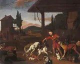 A boy feeding numerous dogs by a barn by Abraham Danielsz Hondius, Oil on canvas in a carved wood frame, offered Mar 2018