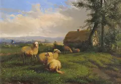 Sheep grazing in a summer pasture A pair, both signed and dated 1875 Both oil on panel Each 24 x 34cm; 9½ x 13¼in (2) by Johan Lodewijk van Leemputten, 1875, oil on panel, sold Mar 2018