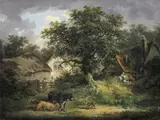 The Homestead Signed Oil on canvas 36 x 44.5cm; 14 x 17½in Provenance: Thomas Agnew & Sons, London Sir Joseph Buchan Collection 1917 P by George Morland, Oil on canvas, offered Mar 2018