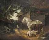 Horses, a pig and a dog in a farmyard Oil on canvas 63.5 x 76cm; 25 x 30in by George Morland, Oil on canvas, offered Mar 2018
