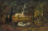 Narcisse Virgile Diaz De La Peña, A figure and a dog by a pool in a woodland clearing Signed Oil on panel 44 x 67cm; 17¼ x 26¼in