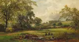 An English homestead; Happy Times A pair, both signed, also both signed, titled and dated 1877 verso Both oil on canvas 31 x 56cm; 12 x 22in (2) by David Payne, 1877, oil on canvas, sold Mar 2018