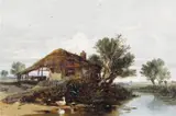 A barn with cattle by a river, ducks on the shore Signed and dated 1841 Oil on panel 27 x 39cm; 10½ x 15½in by William James Müller, 1841, Oil on panel, sold Mar 2018