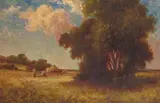 Sunny harvest scene; Harvesting with storm approaching A pair, both signed Both oil on canvas Each 61 x 91cm; 24 x 36in (2) by Percy Leslie Lara, oil on canvas, sold Mar 2018
