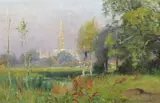 Sultry Morning, Salisbury Signed, also signed, titled and inscribed on a label verso Oil on canvas 30 x 46cm; 12 x 18in by Frederick William Whitehead, Oil on canvas, sold Mar 2018