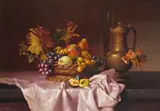 Still life of a pewter flagon and fruit in a basket on a ledge Oil on panel 50 x 74cm; 20 x 29in by Gyula Bubarnik, Oil on panel, sold Mar 2018