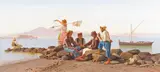 Fisherfolk playing cards on the shore in the Bay of Naples with Vesuvius beyond Signed Oil on canvas 35 x 76cm; 13¾ x 30in by Giovanni Rocca, Oil on canvas, offered Mar 2018