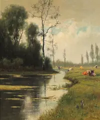 Cattle watering by a river Signed Oil on canvas 35.5 x 30.5cm; 14 x 12in by William Frederick Hulk, Oil on canvas, sold Mar 2018