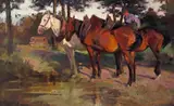 A farmhand with horses watering at a stream Oil on by Heinrich von Zügel, Oil on canvas, sold Mar 2018