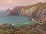 Coastal scene with fishing boats in a cove below the cliffs Signed and dated 1909 Oil on canvas, unframed 41 x 54cm; 16 x 21in by Frederick Golden Short, 1909, Oil on canvas, unframed, sold Mar 2018