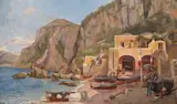 The beach at Capri Signed and dated 90, also signed, titled and inscribed with artist’s address on a label verso Oil on canvas 48 x 78cm; 19 x 30¾in by Augustus Tulk, Oil on canvas, sold Mar 2018