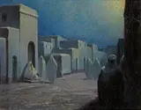 Arabs in the medina under the light of the moon Signed, inscribed Affectueux souvenir à mon bon suduc(?) and dated 1913 Oil on canvas 33 x 42cm; 13 x 16½in by Louis Cruveilhier, 1913, Oil on canvas, sold Mar 2018