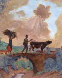 Ligurian peasants crossing a bridge Signed and dated 1934, also inscribed Scène Champêtre en Ligure verso Oil on canvas 100 x 80cm; 39½ x 31½in by Francois-Charles Baude, 1934, Oil on canvas, sold Mar 2018
