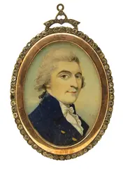 Portrait miniature of a gentleman, head and shoulders in a blue coat and white stock Signed and dated 1785 Oval in a gilt frame, with paste diamonds 52 x 37mm by Richard Bull, 1785, watercolor, sold Mar 2018