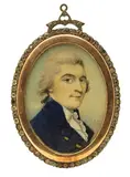 Portrait miniature of a gentleman, head and shoulders in a blue coat and white stock Signed and dated 1785 Oval in a gilt frame, with paste diamonds 52 x 37mm by Richard Bull, 1785, watercolor, sold Mar 2018